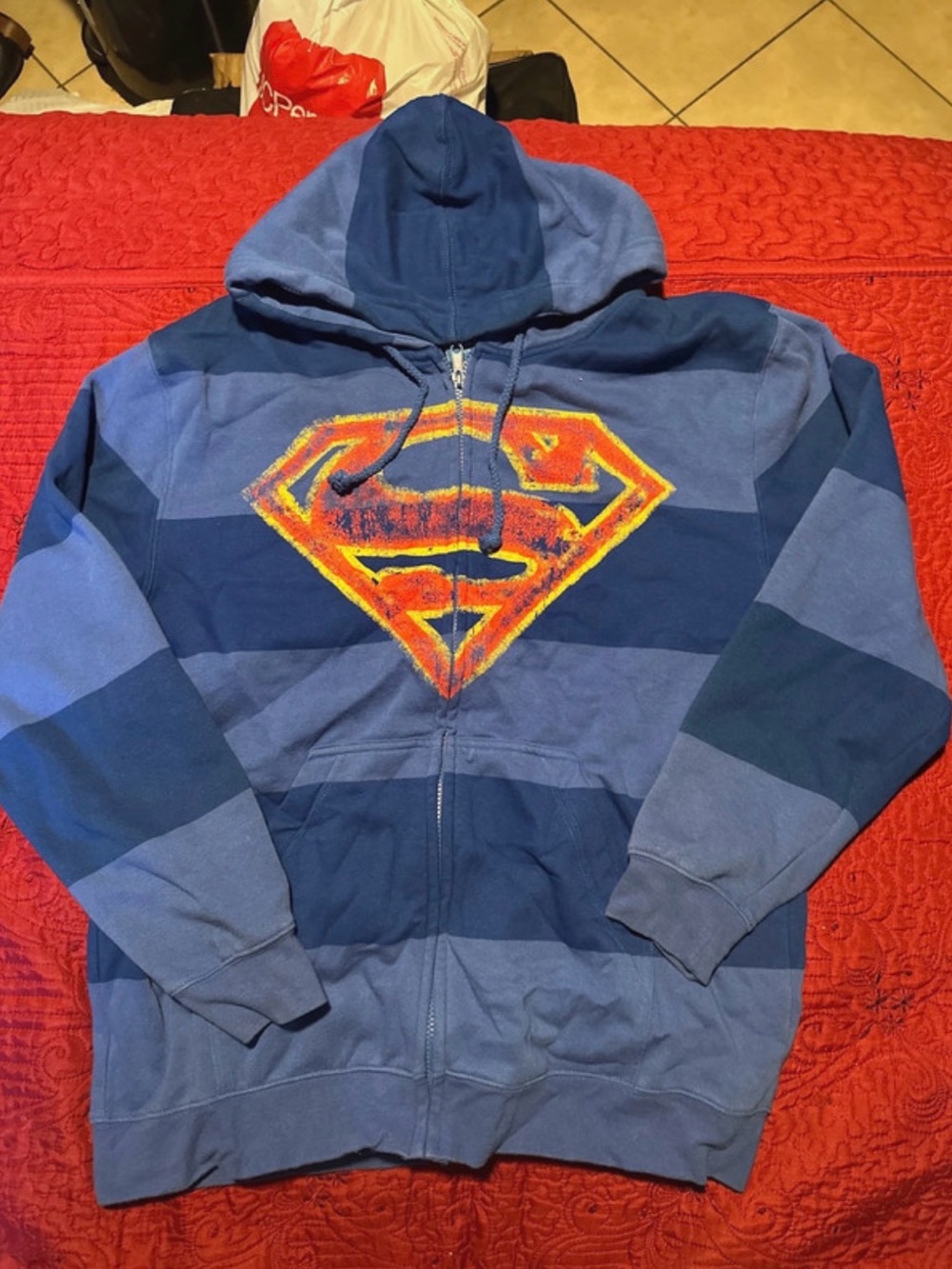 DC Comics Men's Navy and Light Blue Striped Zip-Up Hoodie with Superman Emblem